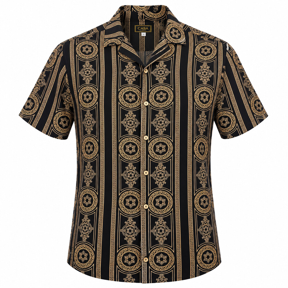 Casa Baroque Greek Key Medallion Shirt Men's Medium Black Gold Button Up